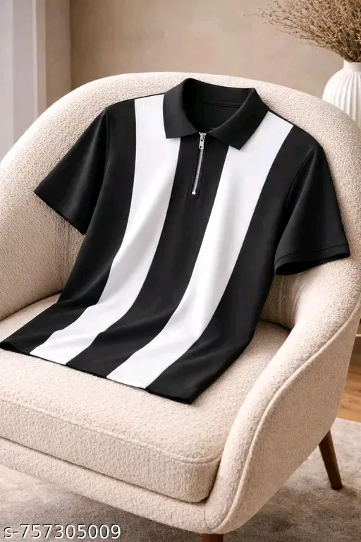 Mens Polo Neck Matty Lycra Fabric Colorblock Zipper Half Sleeve T-Shirt